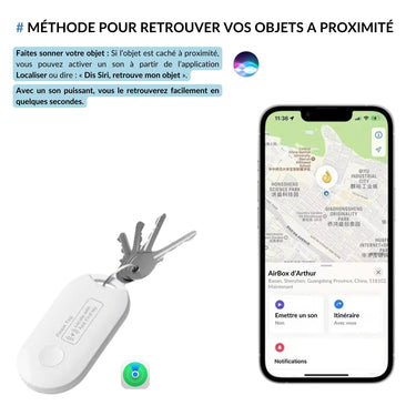 Méthode pour retrouver vos objets à proximité avec un traceur Bluetooth. Faites sonner votre objet via l'application Localiser ou Siri pour localiser rapidement vos affaires. Idéal pour clés, portefeuilles et sacs.